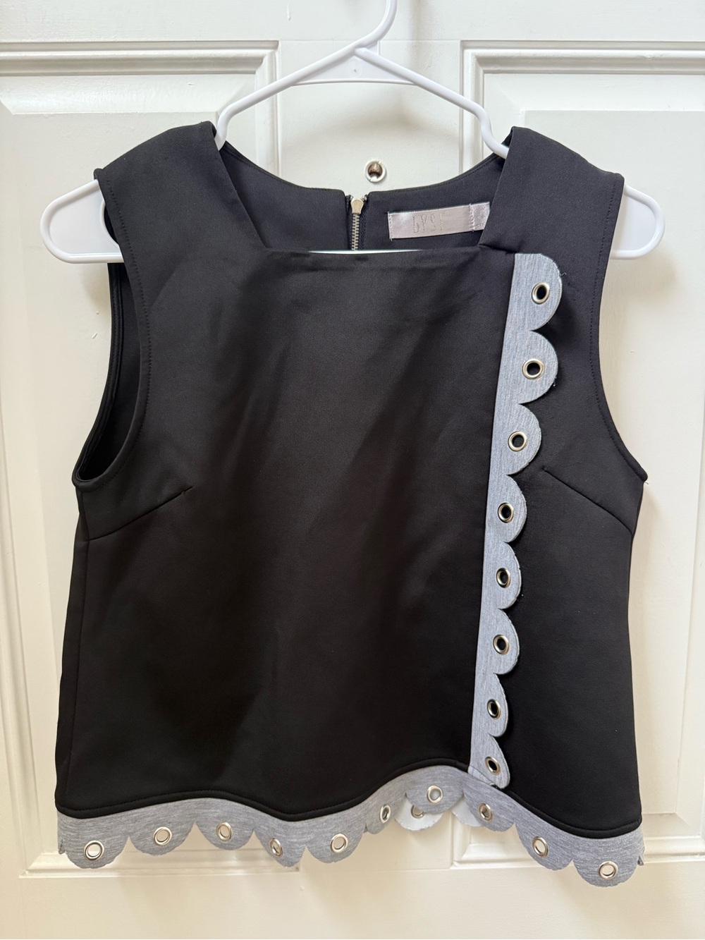 Black Sleeveless Top with Grey Scallop Studded Trim